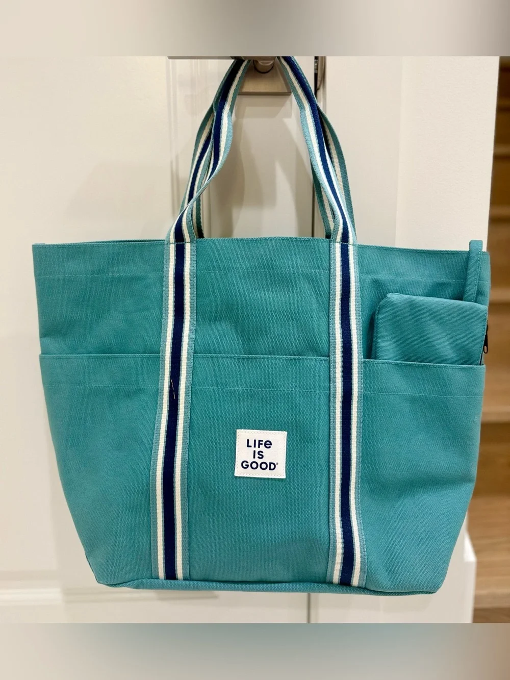 New Life is Good Canvas Tote Bag with Removable Zip Pouch | Teal | Multi-Pocket